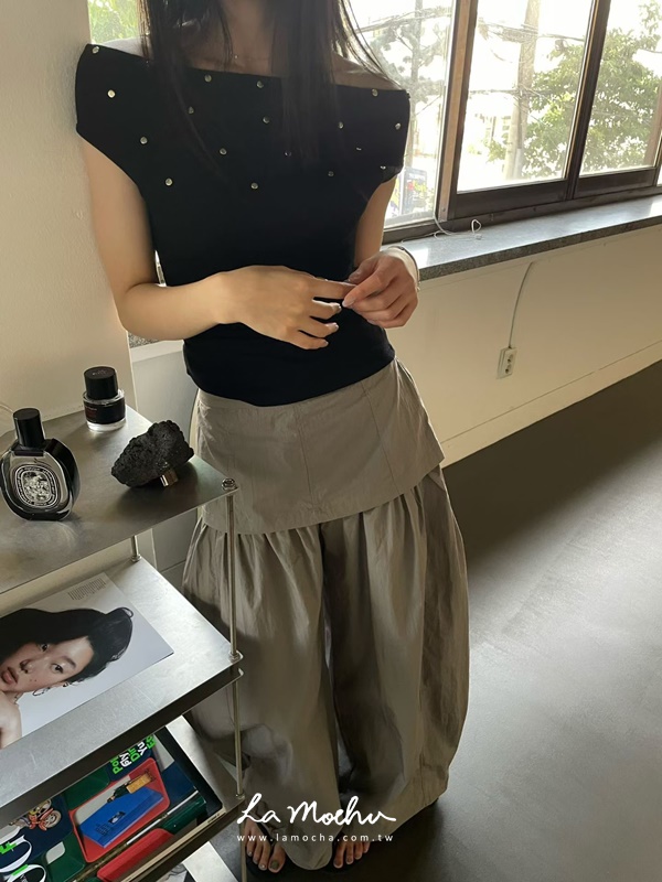 褲腳抽繩安靜裙襬寬褲